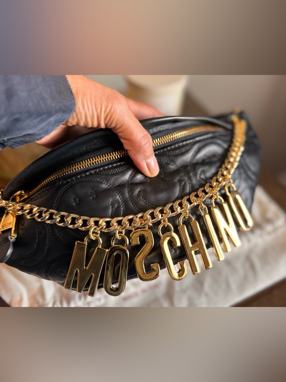 Moschino Black Quilted Leather Crossbody with Gold Logo Chain - Picture 6 of 15